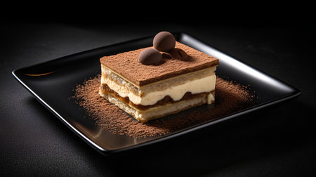 Classic tiramisu dessert on black square plate on dark background.の素材