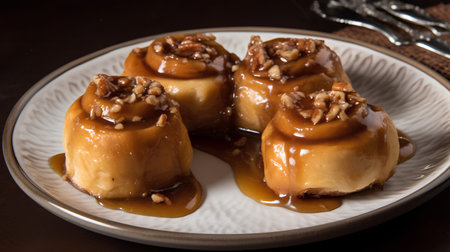 Coffee rolls with caramel sauce and nuts on a white plateの素材