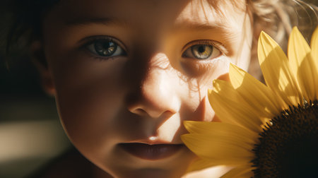 Beautiful little girl with sunflower. Close-up portrait.の素材