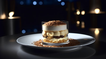 Classic tiramisu dessert in a glass on a dark background.の素材