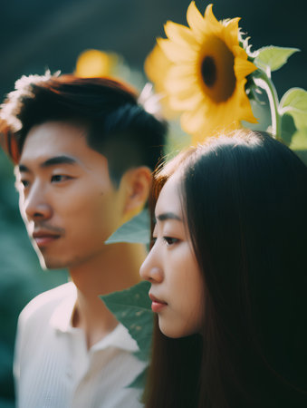 Young asian couple with sunflower in the garden. Love and romantic concept.の素材
