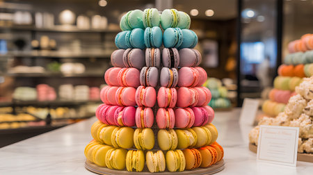 Colorful macarons on display in a shop in Paris, Franceの素材