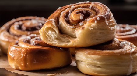 Freshly baked cinnamon rolls on wooden background. Selective focus.の素材