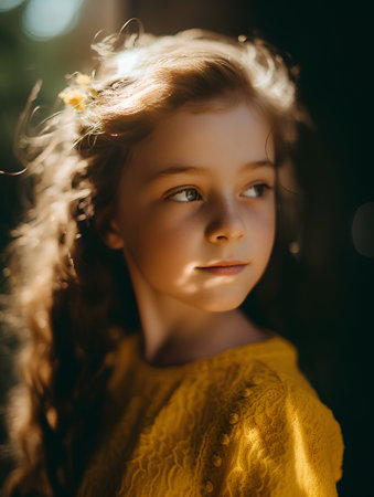 portrait of a beautiful little girl with long hair in a yellow sweaterの素材