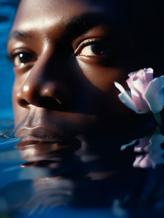 Closeup portrait of a beautiful african american woman in waterの素材