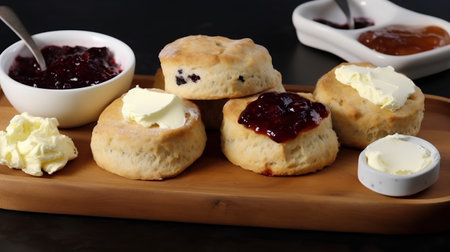 Scones with butter and jam on a wooden board on a black backgroundの素材