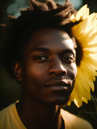 Portrait of young african american man with sunflower.の素材