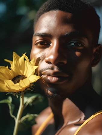 Close up portrait of a young african american man with sunflowerの素材
