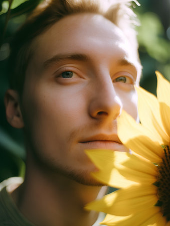 Portrait of a young man with sunflower in his hand.の素材