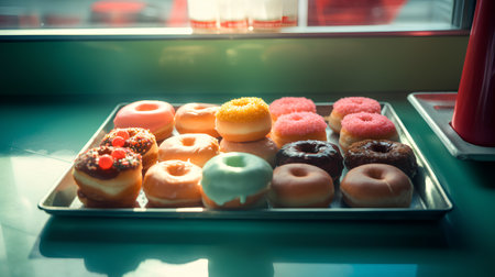 Variety of donuts in a box. Toned image.の素材