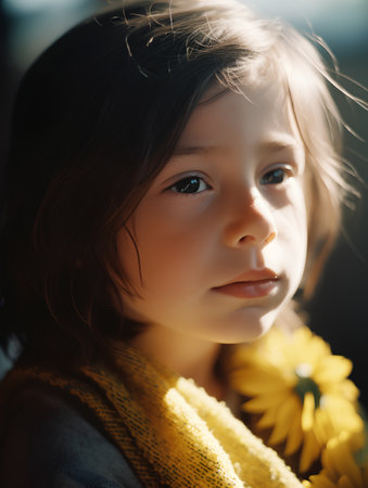 Portrait of a little girl with yellow flowers in her hair.の素材