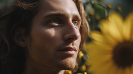 Close-up portrait of a young man with a sunflower.の素材