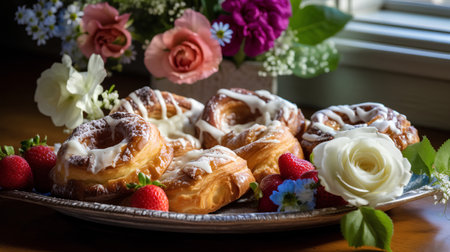 Cinnamon rolls with fresh berries on a wooden background. Selective focus.の素材