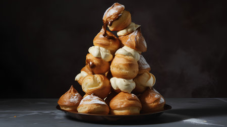 Christmas tree made of croissants with whipped cream on dark backgroundの素材