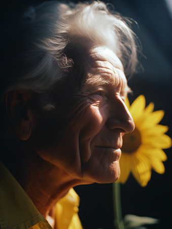 Portrait of an elderly woman with sunflower on a dark backgroundの素材