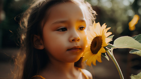 Portrait of a beautiful little girl with sunflower in the gardenの素材