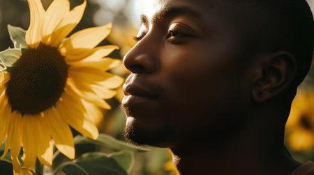 Portrait of young african american man in sunflower field.の素材