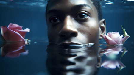Portrait of a beautiful african american woman in water.の素材