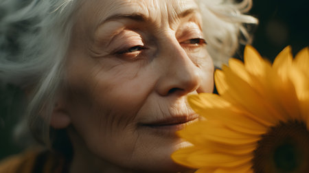 Portrait of an elderly woman with a sunflower in her handsの素材