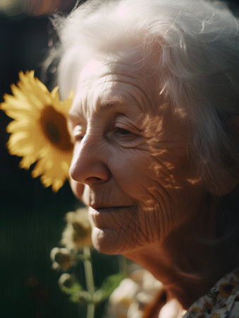 Portrait of an elderly woman with sunflowers in the gardenの素材