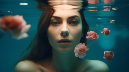 Portrait of a beautiful young woman underwater with flowers in her hairの素材