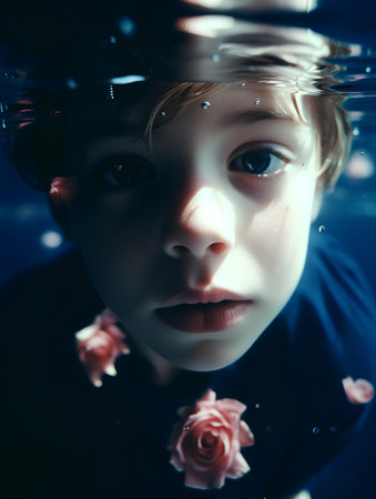 Portrait of a little boy underwater in the pool. Underwater photography.の素材