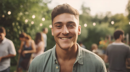 Portrait of smiling young man with friends in background at summer partyの素材