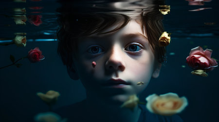 Portrait of a little boy in the water with flowers. Studio shot.の素材