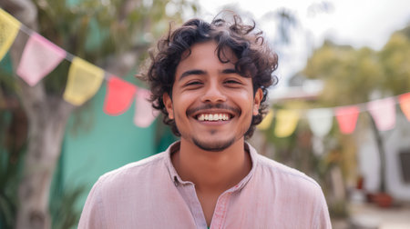 Portrait of happy young man smiling and looking at camera in the streetの素材