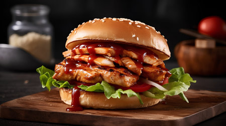 Tasty grilled chicken sandwich with ketchup and lettuce on wooden boardの素材