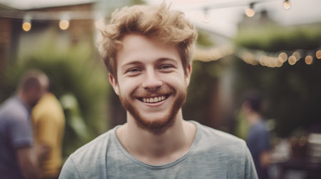 Portrait of a handsome young man with blond hair smiling at the cameraの素材