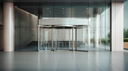 Interior of modern office building with glass walls, tiled floor and elevator. 3d renderingの素材