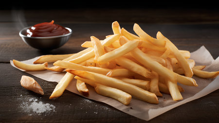 Golden French fries potatoes with ketchup on dark wooden background, closeupの素材