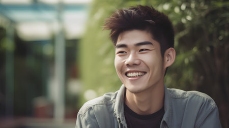 Portrait of a young handsome asian man smiling in the parkの素材