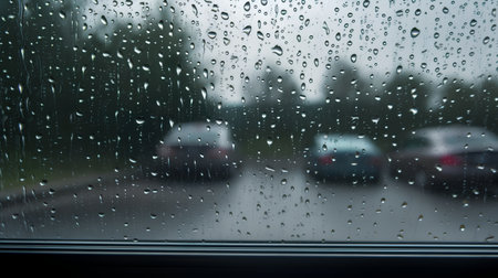 rain drops on the car glass with blurred cars on the road backgroundの素材