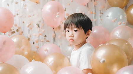 Cute asian baby girl with balloons on white wall background.の素材