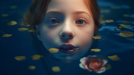 3d illustration of a girl in the water with rose petalsの素材