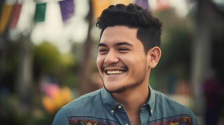 Portrait of a handsome young asian man smiling in the streetの素材