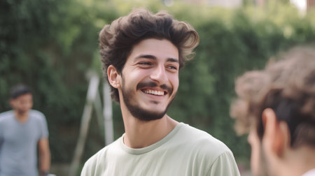 Portrait of a smiling young man looking at the camera in the parkの素材