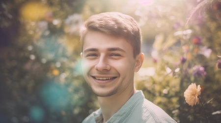 Portrait of young handsome man smiling at camera in the garden.の素材