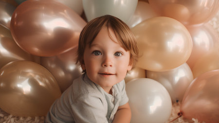 Portrait of a little boy with balloons on a white background.の素材