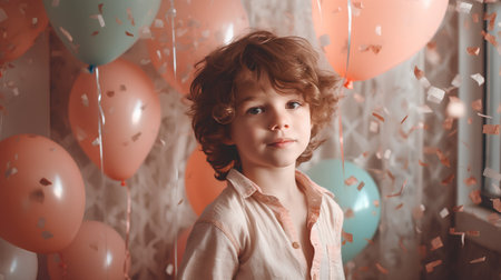 Portrait of a cute little boy with balloons and confetti.の素材