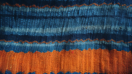 Close up of a knitted fabric with blue and orange stripes.の素材