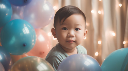 Portrait of cute asian little boy with colorful balloons at homeの素材