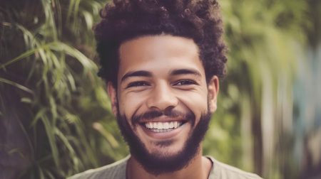 Portrait of handsome young man with afro hairstyle smiling outdoorsの素材