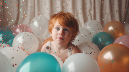 Cute little redhead girl with colorful balloons at birthday party.の素材
