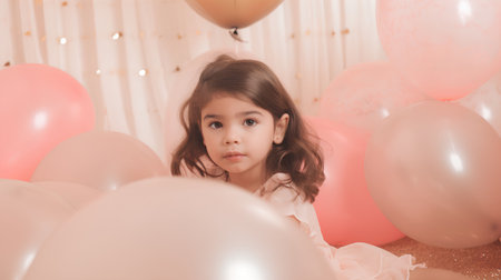 Portrait of cute little girl looking at camera while sitting among balloonsの素材
