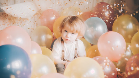 Cute baby boy with colorful balloons at birthday party. Happy childhood.の素材
