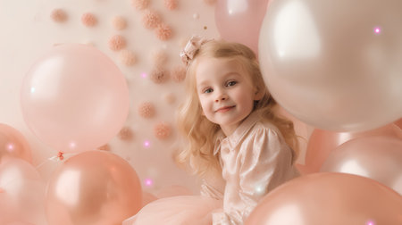 Cute little girl in a pink dress with balloons on a pink backgroundの素材