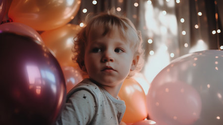 Portrait of a little boy with balloons on the background of the Christmas treeの素材